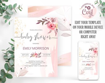 Floral Baby Shower Invitation Girl: Watercolor Pink Invite (Digital Download)