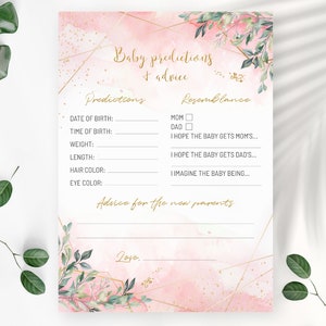 Babyvoorspellingen en babyshoweradvies. Bloosroze babyvoorspellingskaarten. Babyadvieskaart. Babyshower spelletjes. Direct downloaden.  0063