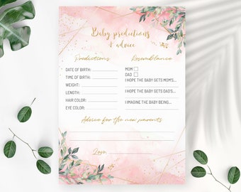 Baby predictions and advice baby shower game. Blush pink baby prediction cards. Baby advice card. Baby shower games. Instant Download.  0063