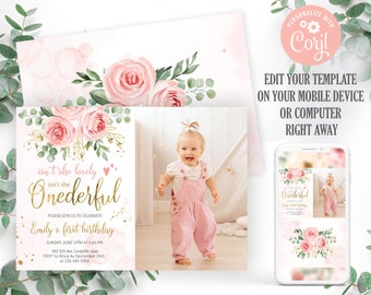 Onederful birthday photo invitation girl. Editable first birthday party invitation. Pink isn't she onederful 1st birthday invitation. 0094