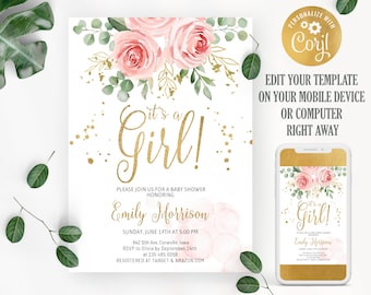 Floral Baby Shower Invitation Girl: Blush Pink & Gold (Instant Download)