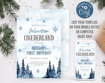 May include: A blue and white winter wonderland themed first birthday invitation with a watercolour background of a snowy forest. The invitation says "Please join us for a Winter Onederland to celebrate Jackson's First Birthday!" with the date and time of the party and RSVP information.