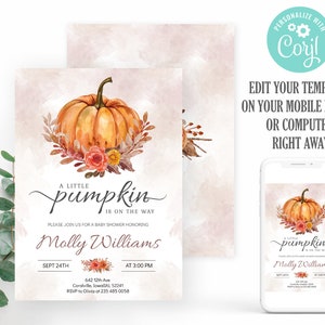 Baby shower pumpkin invitation. A little pumpkin is on the way. Pumpkin baby shower. Fall baby shower. Editable Template. Instant. LP
