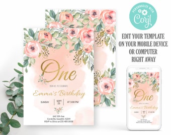 Può includere: Un invito di compleanno floreale rosa e oro con il testo "One" e "Emma's Birthday". L'invito include la data, l'ora e il luogo della festa. L'invito è progettato per essere personalizzato con il nome del destinatario e altri dettagli.