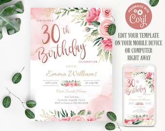 Floral 30th Birthday Invitation: Blush Pink & Gold (Editable)