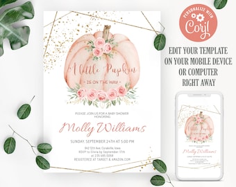Pumpkin Baby Shower Invitation Girl: Pink Floral (Instant Download)