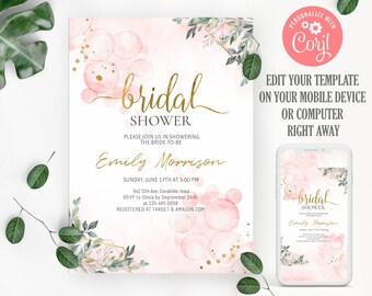 Może przedstawiać: Różowe i złote zaproszenie na wieczór panieński z akwarelowymi bąbelkami i zielenią. Zaproszenie zawiera napis "bridal shower" oraz imię przyszłej panny młodej, "Emily Morrison", datę i godzinę wieczoru panieńskiego oraz informacje RSVP. Zaproszenie zawiera również ekran telefonu komórkowego wyświetlający podobne zaproszenie.