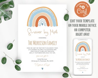 Baby shower by mail template. Rainbow baby shower invitation. Gender neutral baby shower invite. Long distance baby shower. Virtual shower.