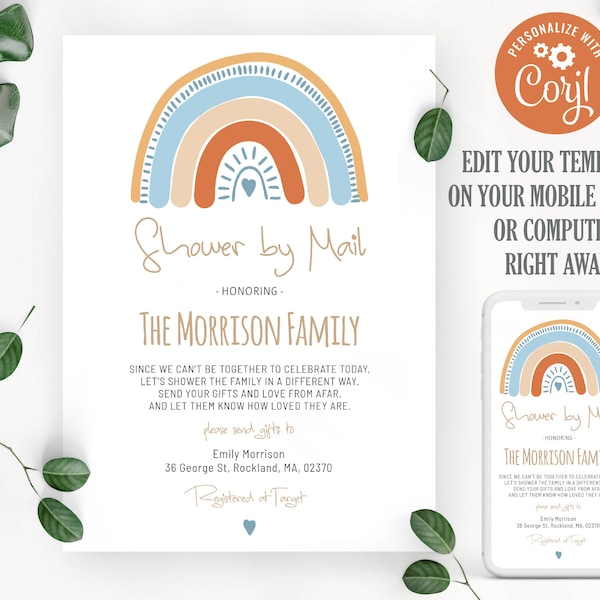 Baby shower by mail template. Rainbow baby shower invitation. Gender neutral baby shower invite. Long distance baby shower. Virtual shower.