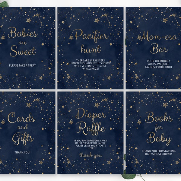 Editable twinkle twinkle little star baby shower signs bundle. Blue and gold baby shower sign. Moon and stars signs. Instant download. 0064