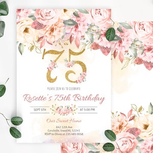 75e verjaardagsuitnodiging. Bloemen verjaardagsuitnodiging. Blozen roze vrouwen verjaardagsuitnodiging. Gouden en roze volwassen verjaardagsuitnodiging. 0019