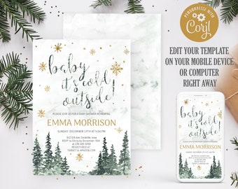 Op de afbeelding: Een baby shower uitnodiging met een winterthema. De uitnodiging heeft een aquarel illustratie van een besneeuwd bos met dennenbomen en sneeuwvlokken. De tekst luidt "baby it's cold outside!" en bevat de naam "Emma Morrison" en details voor de babyshower.
