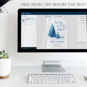 May include: A computer screen displaying a blue and white baby shower invitation with the text "Baby it's cold outside!" and the name "Emma Morrison". The invitation is being edited in a design program.