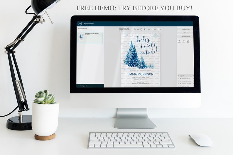 May include: A computer screen displaying a blue and white baby shower invitation with the text "Baby it's cold outside!" and the name "Emma Morrison". The invitation is being edited in a design program.