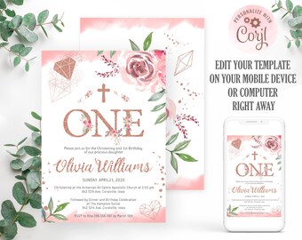 May include: A pink and gold invitation for a christening and first birthday party. The invitation features a cross, the number one, and the name Olivia Williams. The invitation also includes the date and time of the event, as well as the location. The invitation is decorated with floral designs and gold glitter.