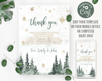 May include: A digital thank you card with a watercolour background of a snowy forest. The text reads "Thank you so much for attending my recent baby shower. It was such a pleasure to be surrounded by loving friends who want the best for me and my family! And I can't wait for you to meet our little one, once she's safely here in our arms! Love, Emily & John"