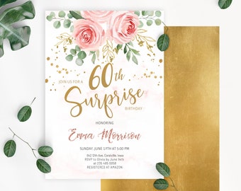 Surprise 60th Birthday Invitation. Floral Birthday Invitation. Blush Pink Women Birthday Invitation. Gold and Pink Birthday Invitation. 0178