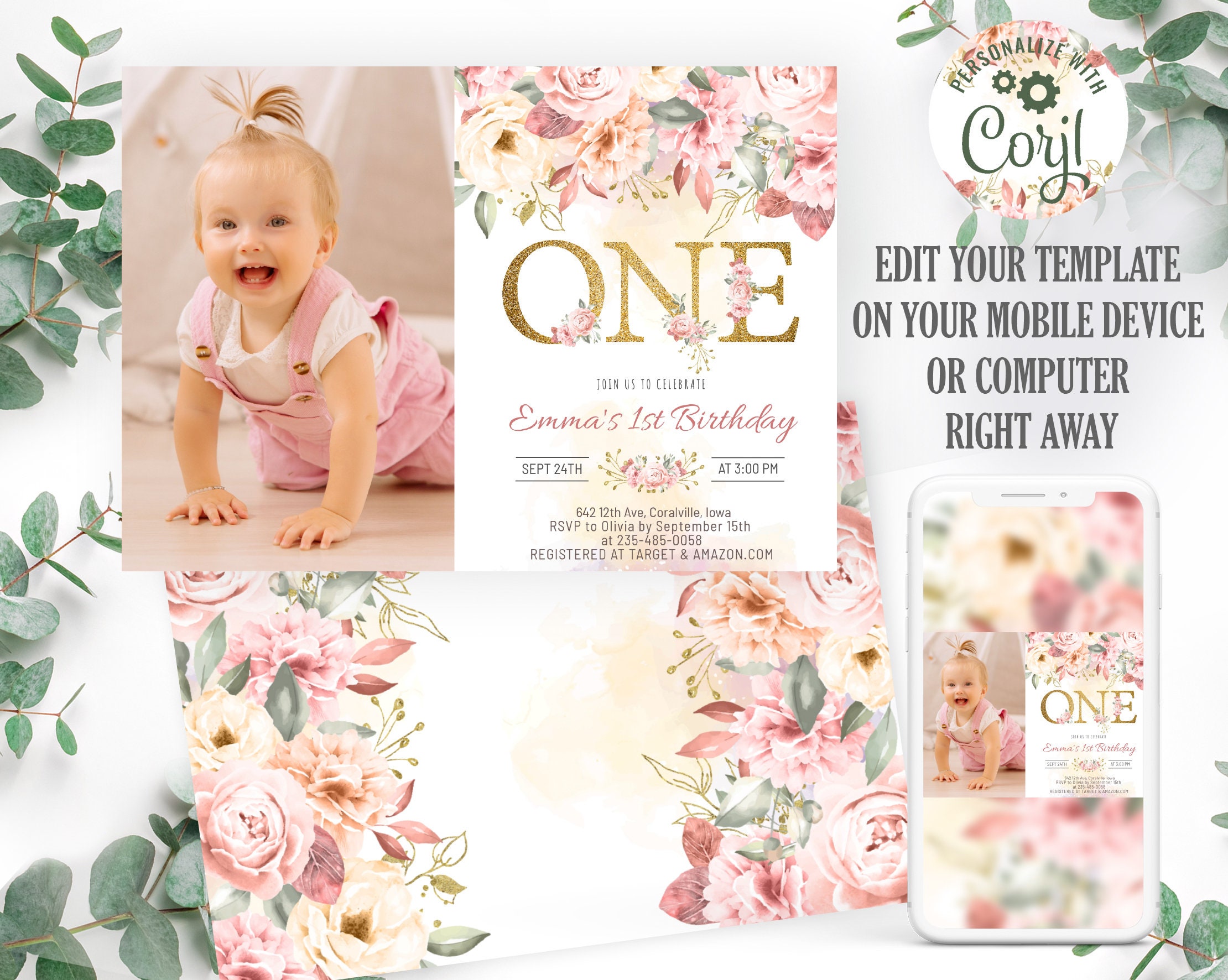 First Birthday Invitation Photo. Blush Pink Floral Baby's First Birthday Invitation. 1st Birthday Invitation. Instant Download. 0019