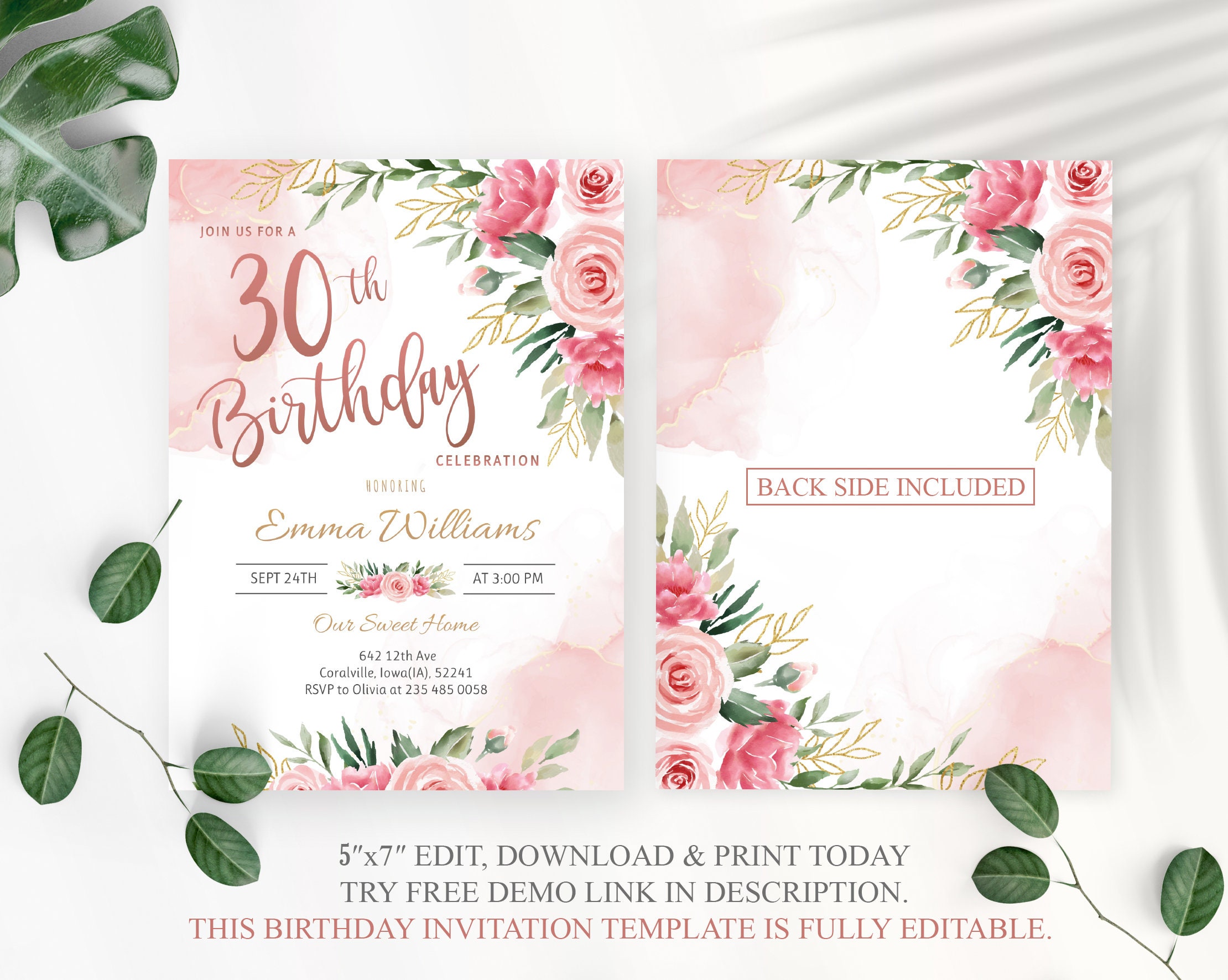 30th Floral Birthday Invitation. Fully Editable. Blush Pink Etsy