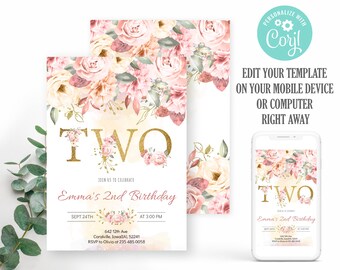 May include: A printable invitation for a second birthday party. The invitation features a floral design with pink and white flowers and gold glitter text. The text reads "TWO" and "Emma's 2nd Birthday".