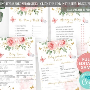 May include: Printable baby shower game cards with a pink and green floral design. The cards include games like "The Price is Right", "Mommy or Daddy", "Baby Trivia", and "Baby Predictions & Advice".