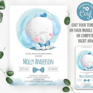 Editable elephant baby shower invitation boy. Blue elephant invitation. Elephant safari baby shower invite. Baby boy theme. Instant download