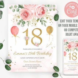 18th Birthday Invitation. Floral Birthday Invitation. Blush Pink Women Birthday Invitation. Gold and Pink Adult Birthday Invitation. 0019