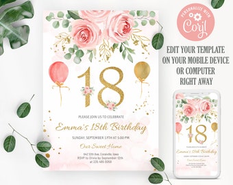 Floral 18th Birthday Invitation: Blush Pink & Gold (Corjl Editable)