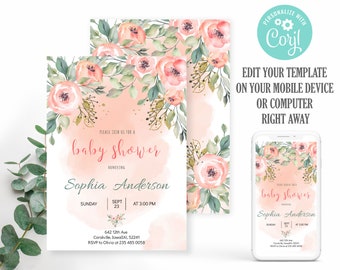 May include: A pink and green floral baby shower invitation with the text "Please join us for a baby shower honoring Sophia Anderson" and details for the event. The invitation is designed with a watercolor effect and features a pink and green floral pattern.
