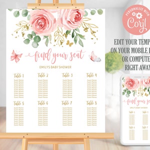 Bewerkbaar bord met vlinderbabyshower. Kaartsjabloon met bloemen babyshower. Roze blush gouden stoelindeling babyshower 0094
