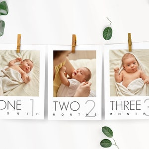 Bannière photo mensuelle modifiable pour le premier anniversaire. Photos de la première année de bébé. Cartes photo minimalistes des jalons du mois. Téléchargement instantané. 0148
