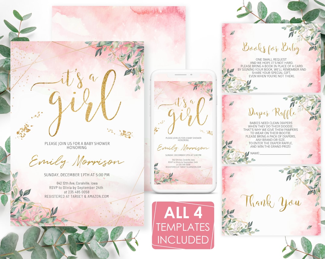 Editable Blush Pink Baby Shower Invitation Set. It’s a Girl Baby Shower ...