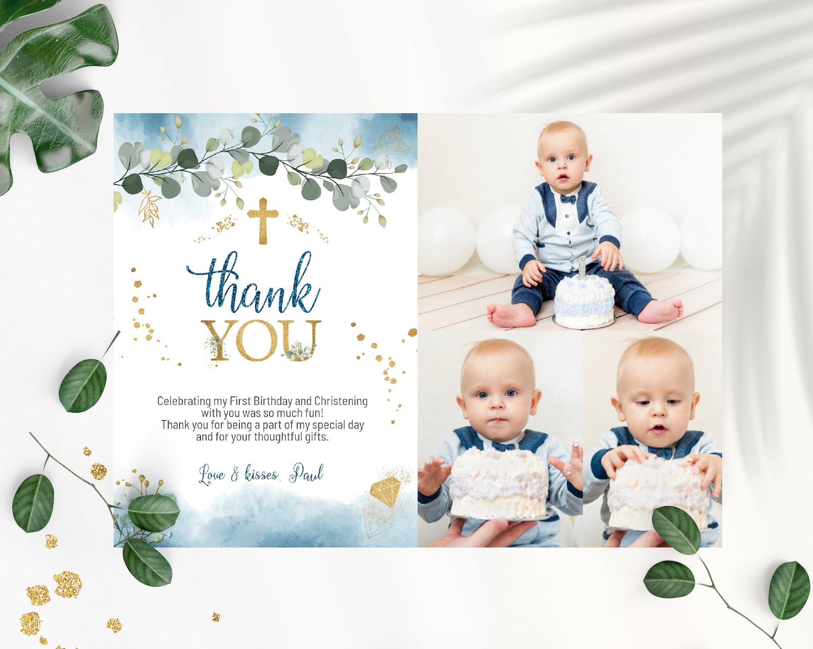 Boy Christening and First Birthday Photo Thank You Card Etsy