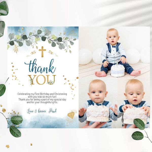 Boy christening and first birthday photo thank you card template. Baptism and 1st birthday party note card. Thank you card with photo. 0079