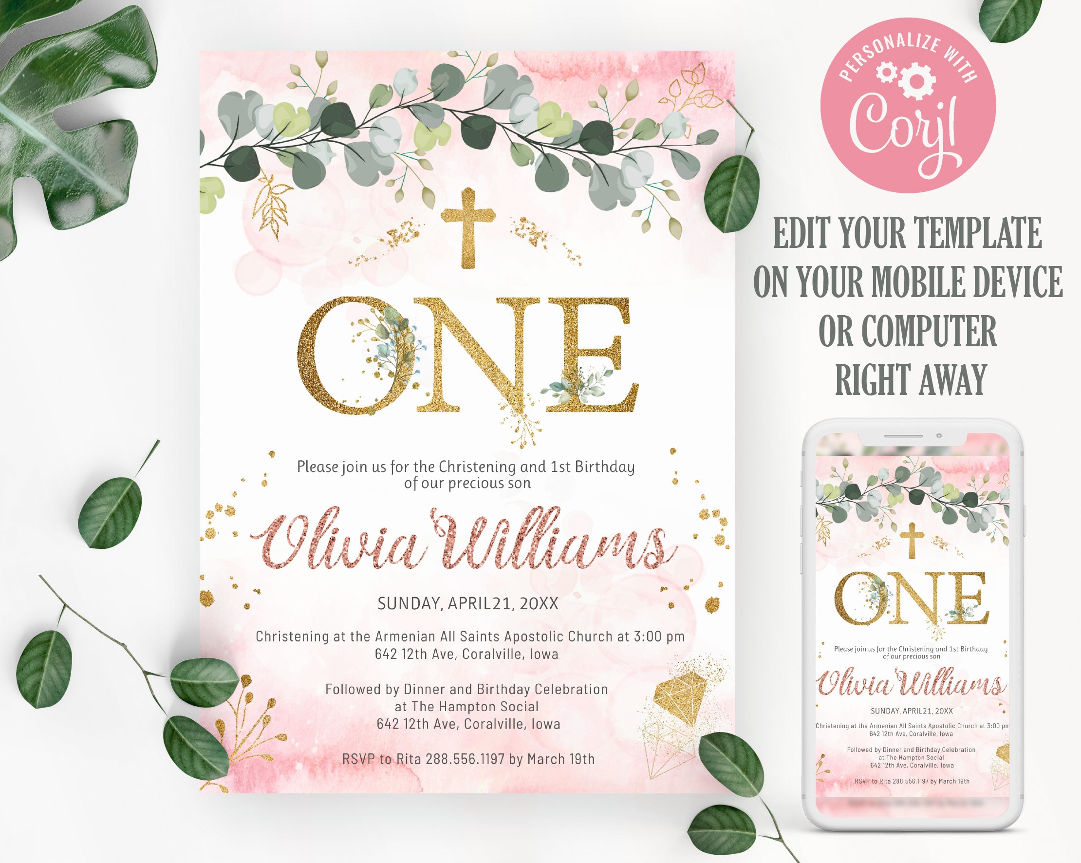 Girl christening and first birthday Invitation. Baptism and Etsy España