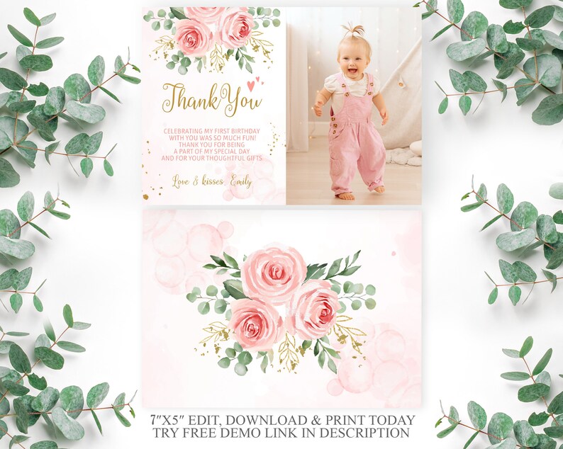 Blush Pink Floral 1st Birthday Thank You Card Template (editable) - Etsy