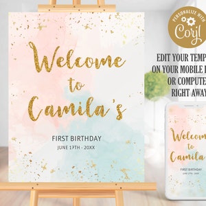 Watercolor Birthday Welcome Sign: Pastel Gold Glitter (Editable Template)