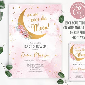 Bearbeitbar Wir sind über dem Mond-Babyparty-Einladung. Rosa Blumen Funkeln kleine Stern-Babyparty einladen. Mond und Sterne laden ein. Korjl. 0181