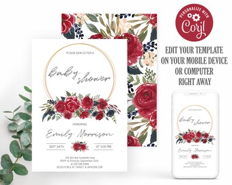 May include: A printable baby shower invitation with a watercolor floral design featuring burgundy roses, navy blue leaves, and gold accents. The invitation text reads "Please join us for a baby shower honoring Emily Morrison, Sept 24th at 3:00 PM".
