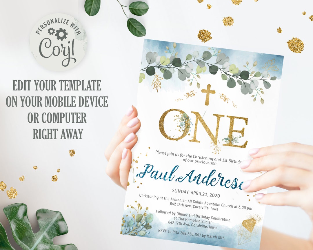 Boy Christening and First Birthday Invitation. Baptism and 1st Birthday