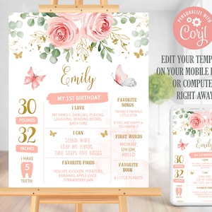 Editable blush pink floral milestone poster. Pink and gold 1st birthday poster. 1st birthday milestone board. Instant download. Corjl. 0094