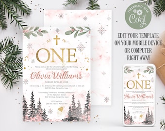 May include: A pink and white watercolor background with gold glitter and snowflakes. The text "ONE" is in gold with a gold cross above it. The text "Olivia Williams" is in pink glitter. The text "SUNDAY, APRIL 21, 20XX" is in black. The text "Christening at the Armenian All Saints Apostolic Church at 3:00 pm" is in black. The text "642 12th Ave, Coralville, Iowa" is in black. The text "Followed by Dinner and Birthday Celebration at The Hampton Social" is in black. The text "642 12th Ave, Coralville, Iowa" is in black. The text "RSVP to Rita 288.556.1197 by March 19th" is in black. This is a printable invitation for a christening and first birthday party.