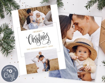 May include: A Christmas card with a white background and gold accents. The card features a photo of a family with the text "Merry Christmas" and "The Paterson Family | 20XX".
