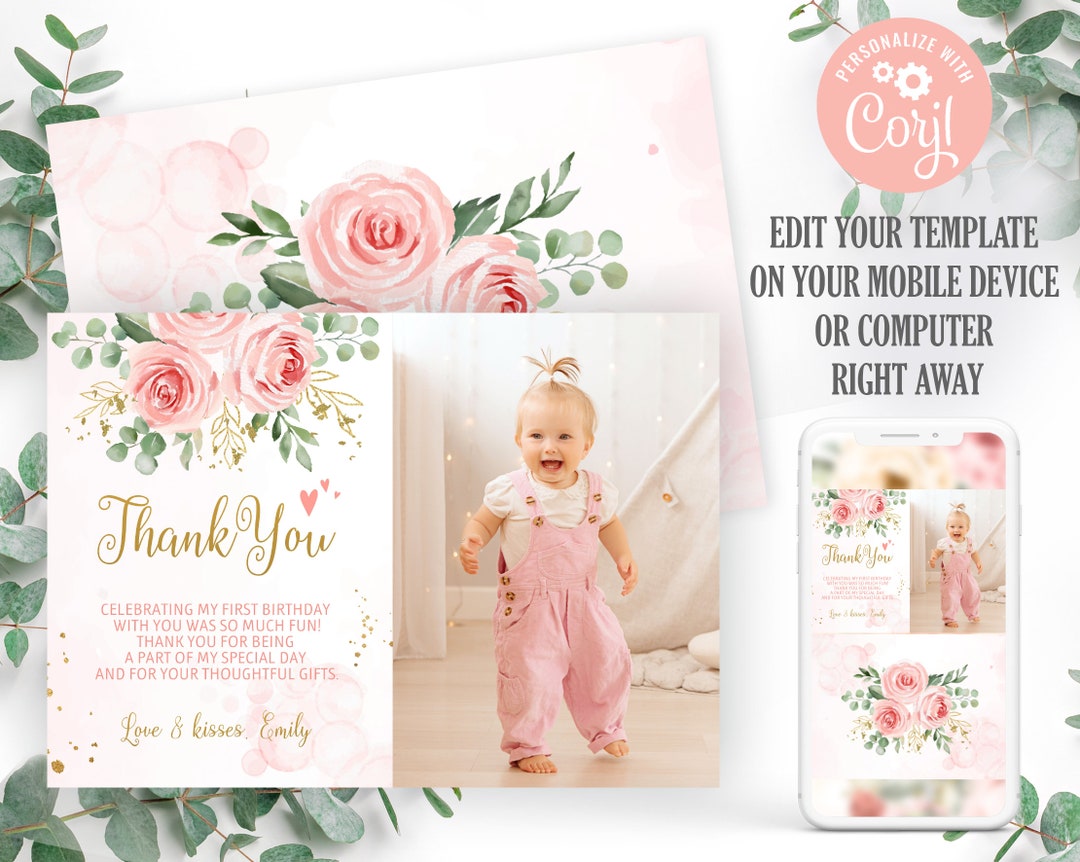 Blush Pink Floral 1st Birthday Thank You Card Template (editable) - Etsy