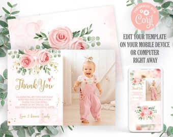 Editable photo thank you card. Baby's first birthday thank you card. Blush pink 1st birthday thank you card template. 0094