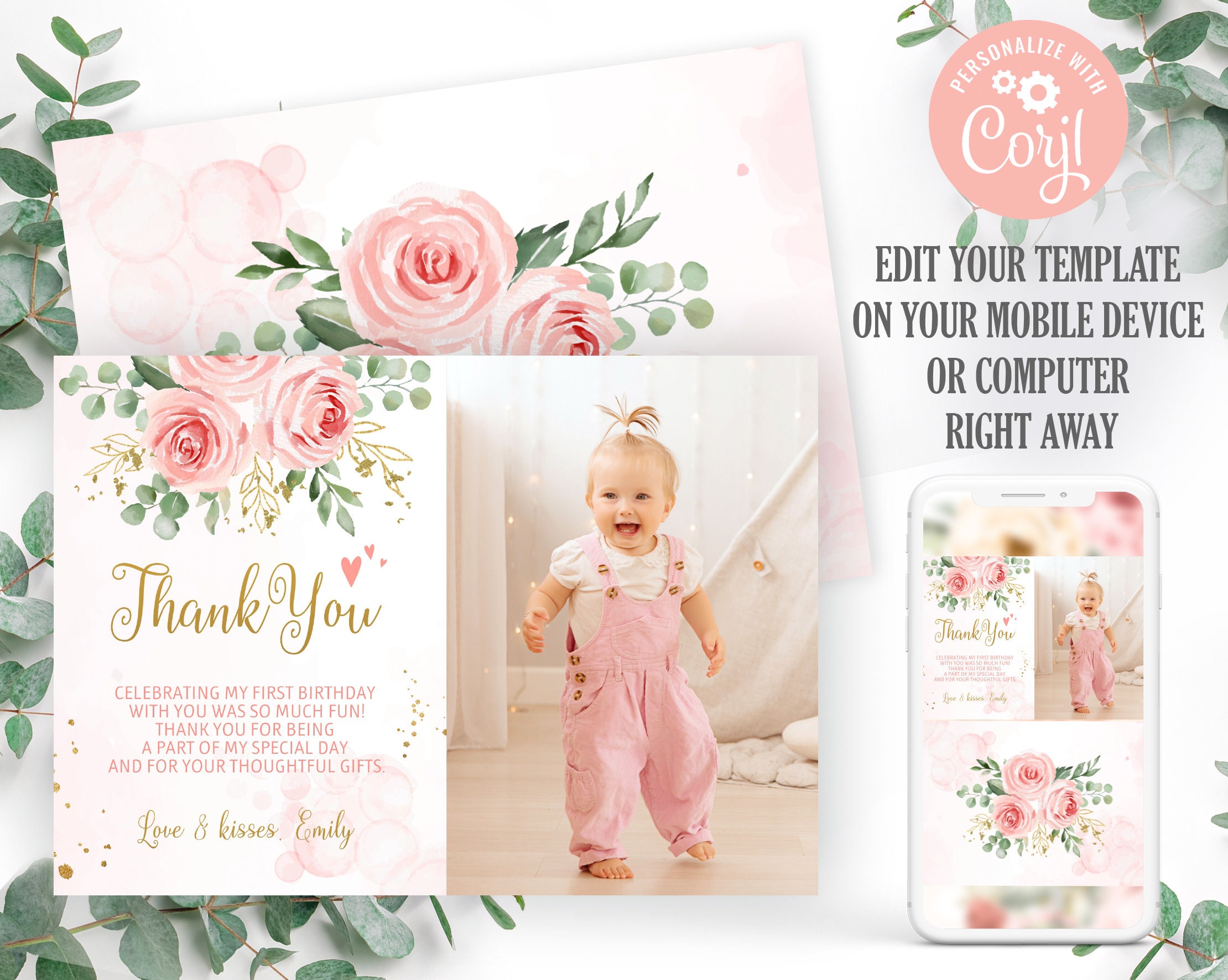 Editable photo thank you card. Baby's first birthday thank Etsy España