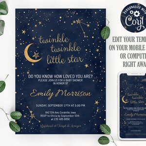 Bearbeitbar Twinkle Twinkle Stern-Babypartyeinladung. Blau-goldener Baby Shower Junge. Mond und Sterne laden ein. Sofortiger Download. 0064
