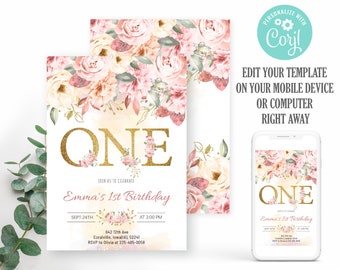 Blush Pink Floral 1st Birthday Invitation Template (Editable)