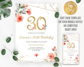 Floral 30th Birthday Invitation: Blush Pink & Gold (DIY)