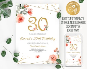 30th Birthday Invitation. Floral Birthday Invitation. Blush Pink Women Birthday Invitation. Gold and Pink Adult Birthday Invitation. DIY.